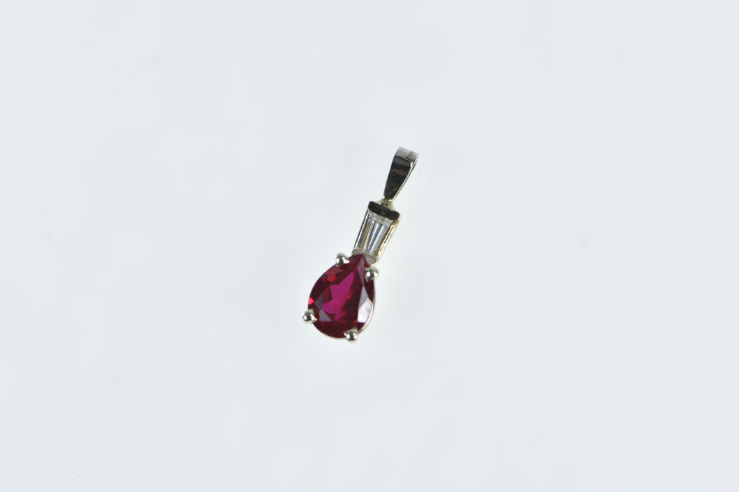14K Pear Syn. Ruby Baguette Diamond Classic Pendant White Gold