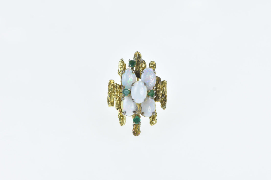 14K Opal Emerald Layered Cluster Cocktail Ring Yellow Gold