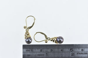 14K Grey Pearl Vintage Swirl Spiral Dangle Earrings Yellow Gold