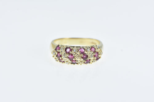 10K Ruby Diamond Striped Textured Band Ring Yellow Gold