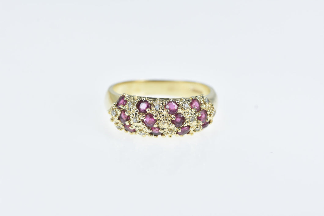 10K Ruby Diamond Striped Textured Band Ring Yellow Gold