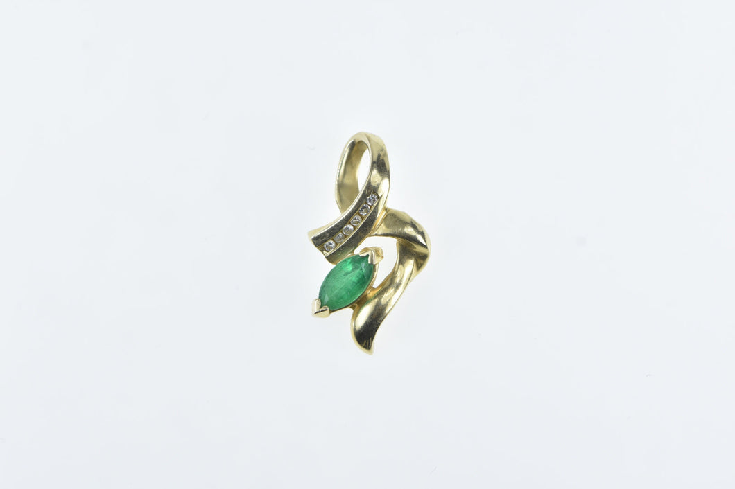 14K Marquise Emerald Diamond Wavy Pendant Yellow Gold