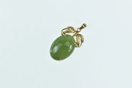14K Vintage Oval Nephrite Cabochon Ribbon Pendant Yellow Gold