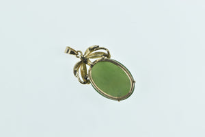 14K Vintage Oval Nephrite Cabochon Ribbon Pendant Yellow Gold