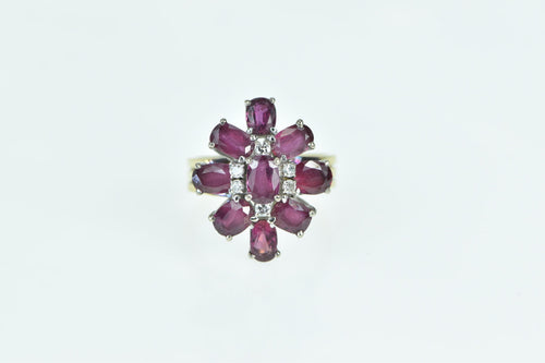 14K Oval Ruby Diamond Ornate Cluster Cocktail Ring Yellow Gold