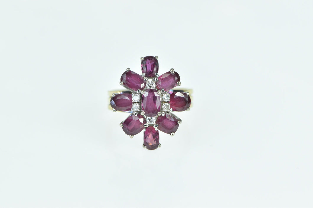 14K Oval Ruby Diamond Ornate Cluster Cocktail Ring Yellow Gold