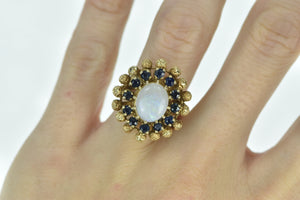 14K Oval Opal Sapphire Halo Vintage Cocktail Ring Yellow Gold