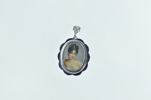 18K Gem Haired Painted Lady Blue Enamel Pendant/Pin Yellow Gold