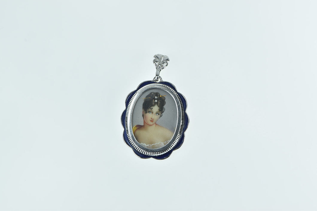 18K Gem Haired Painted Lady Blue Enamel Pendant/Pin Yellow Gold