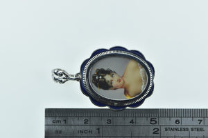 18K Gem Haired Painted Lady Blue Enamel Pendant/Pin Yellow Gold