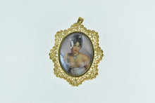 Load image into Gallery viewer, 18K Painted Lady Gem Haired Ornate Filigree Pin/Brooch Yellow Gold