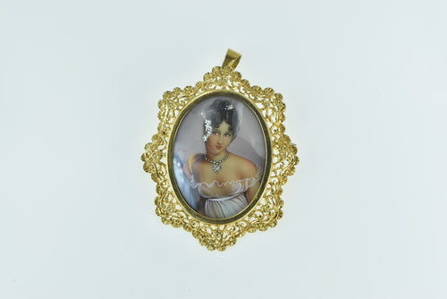 18K Painted Lady Gem Haired Ornate Filigree Pin/Brooch Yellow Gold