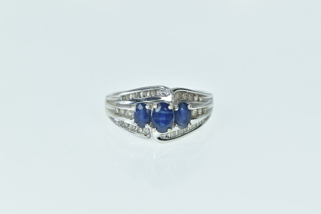 14K Oval Natural Sapphire Diamond Bypass Ring White Gold