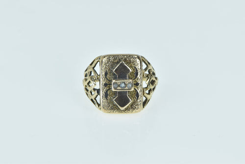 14K Victorian Seed Pearl Ornate Squared Signet Ring Yellow Gold