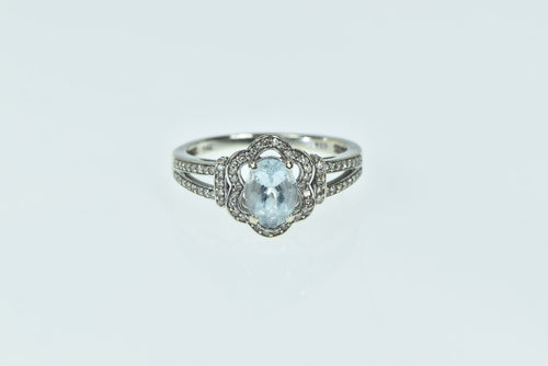 14K Oval Blue Topaz Diamond Halo Statement Ring White Gold