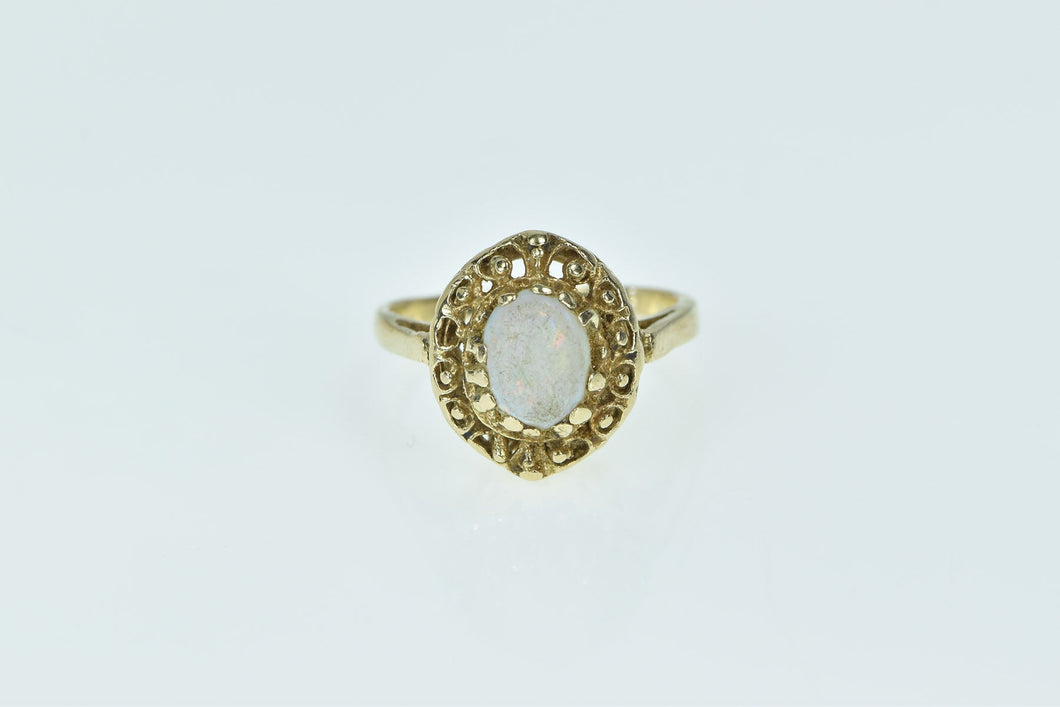 14K Ornate Oval Natural Opal Filigree Statement Ring Yellow Gold