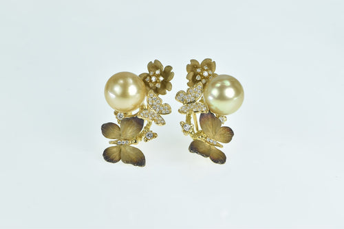 18K J Y Designer Diamond Pearl Butterfly Earrings Yellow Gold