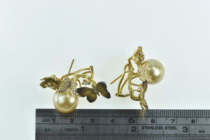 18K J Y Designer Diamond Pearl Butterfly Earrings Yellow Gold