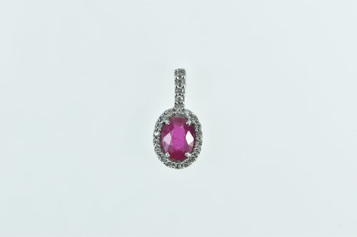 10K Oval Ruby Diamond Halo Vintage Pendant White Gold