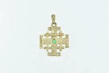 Load image into Gallery viewer, 14K Emerald Diamond Jerusalem Cross Faith Pendant Yellow Gold