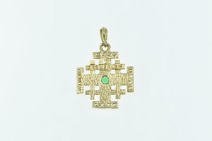 14K Emerald Diamond Jerusalem Cross Faith Pendant Yellow Gold