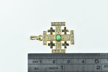 Load image into Gallery viewer, 14K Emerald Diamond Jerusalem Cross Faith Pendant Yellow Gold