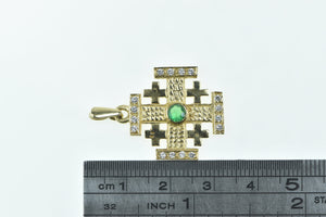 14K Emerald Diamond Jerusalem Cross Faith Pendant Yellow Gold