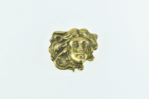 14K Art Nouveau Wavy Haired Lady Ornate Pendant/Pin Yellow Gold