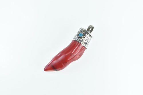Sterling Silver Ornate Red Coral Italian Horn Figa Pendant
