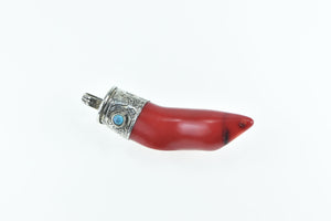 Sterling Silver Ornate Red Coral Italian Horn Figa Pendant