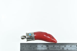 Sterling Silver Ornate Red Coral Italian Horn Figa Pendant