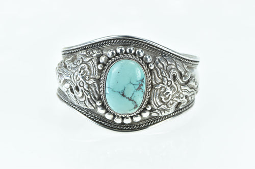 Sterling Silver Chinese Turquoise Ornate Dragon Cuff Bracelet 7.75
