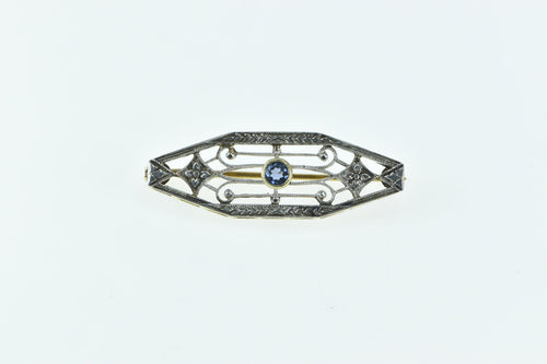 14K Art Deco Syn. Sapphire Ornate Filigree Bar Pin/Brooch Yellow Gold