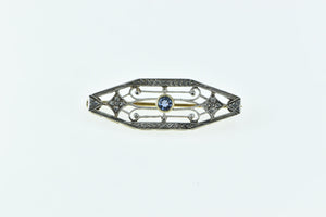 14K Art Deco Syn. Sapphire Ornate Filigree Bar Pin/Brooch Yellow Gold