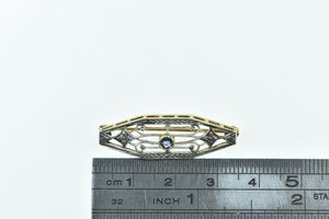14K Art Deco Syn. Sapphire Ornate Filigree Bar Pin/Brooch Yellow Gold