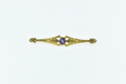 14K Art Nouveau Princess Amethyst Floral Leaf Pin/Brooch Yellow Gold