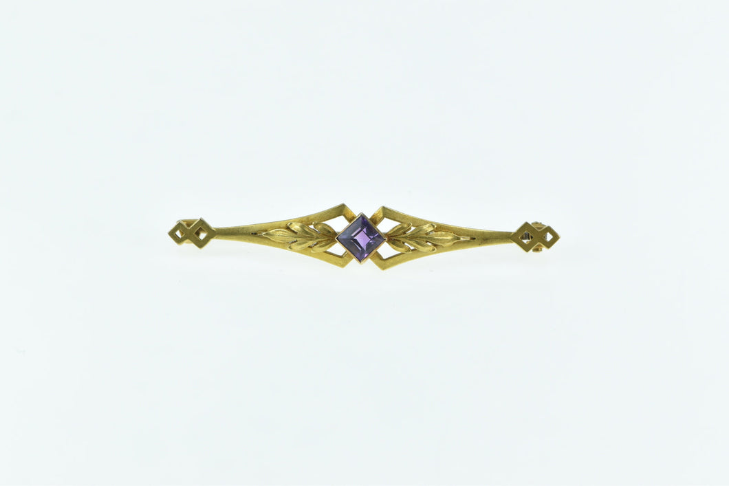 14K Art Nouveau Princess Amethyst Floral Leaf Pin/Brooch Yellow Gold