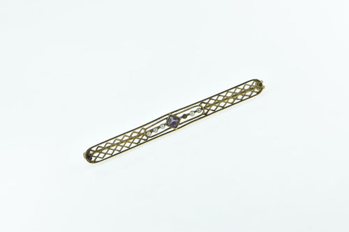 14K Victorian Amethyst Seed Pearl Filigree Bar Pin/Brooch Yellow Gold