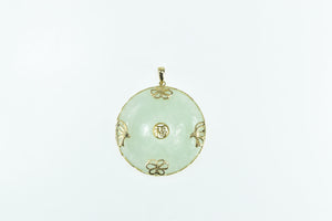 14K Chinese Jade Bi Happiness Fortune Round Pendant Yellow Gold
