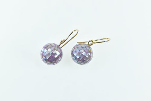 14K Pink Mother of Pearl Encrusted Ball Dangle Earrings Yellow Gold