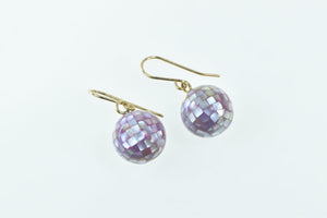 14K Pink Mother of Pearl Encrusted Ball Dangle Earrings Yellow Gold