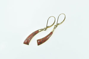 14K Native American Coral Inlay Curved Dangle Earrings Yellow Gold