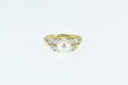14K 7.2mm Vintage Pearl Marquise CZ Statement Ring Yellow Gold