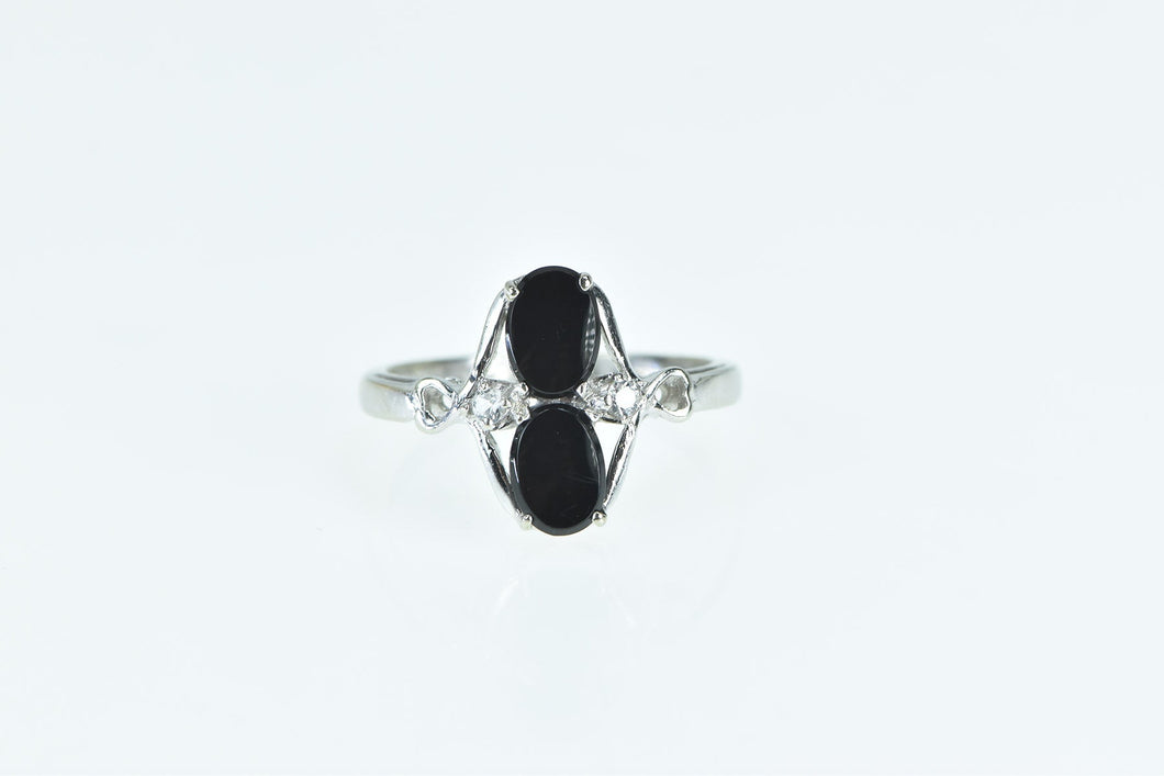 10K Oval Black Onyx Diamond Vintage Statement Ring White Gold