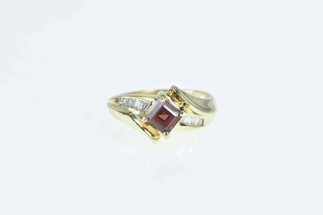 10K Princess Garnet Baguette Diamond Bypass Ring Yellow Gold