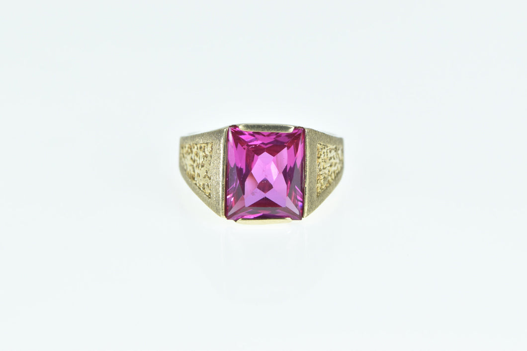 10K Emerald Cut Syn. Pink Sapphire Squared Ring Yellow Gold