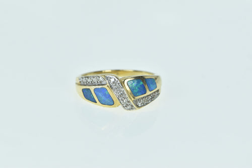 14K Black Opal Inlay Diamond Zig Zag Band Ring Yellow Gold
