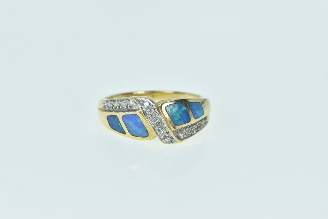 14K Black Opal Inlay Diamond Zig Zag Band Ring Yellow Gold