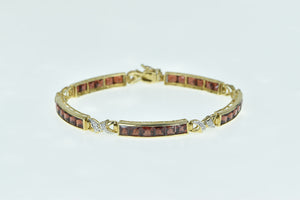 10K Princess Garnet Diamond X Link Bar Tennis Bracelet 6.75" Yellow Gold