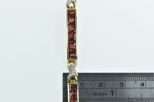 10K Princess Garnet Diamond X Link Bar Tennis Bracelet 6.75" Yellow Gold